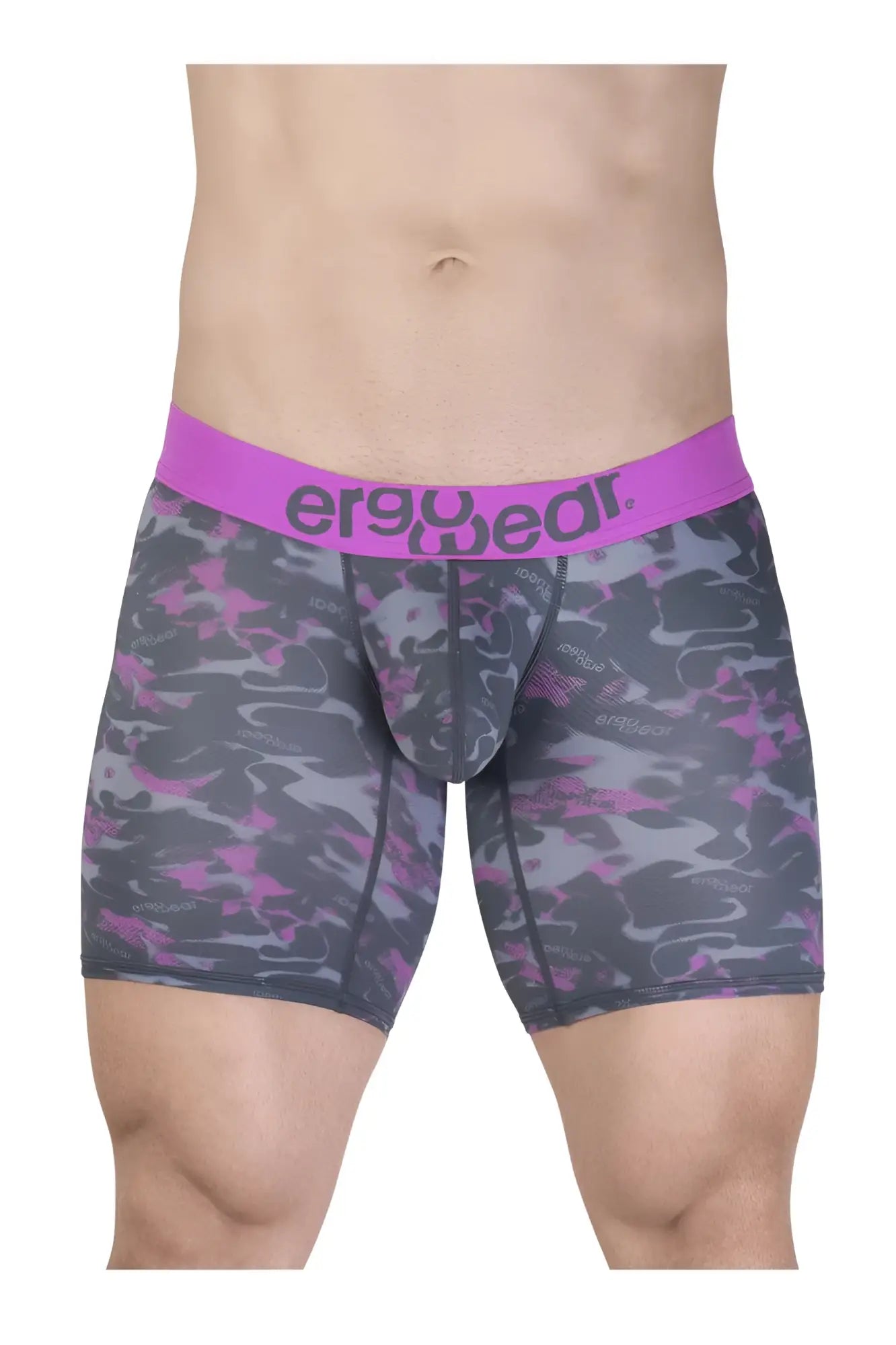 Men’s ergoWear ew1717 max se camo boxer briefs in purple gray camouflage with bright pink branded waistband