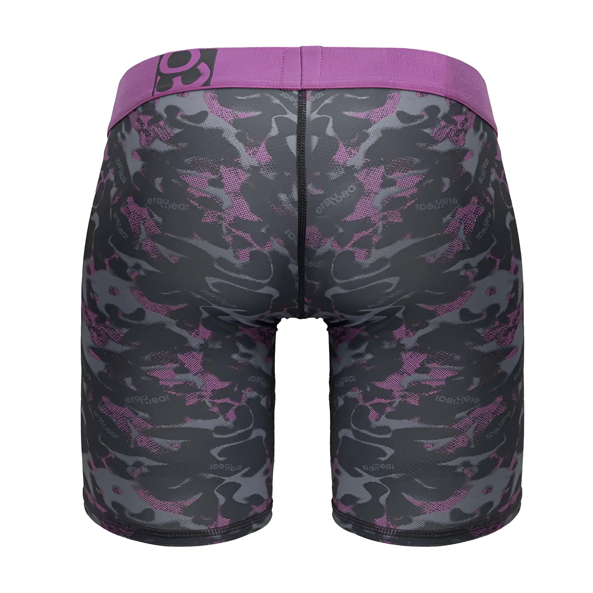 Purple and gray camouflage patterned ErgoWear EW1717 MAX SE CAMO boxer briefs with matching elastic waistband in pink