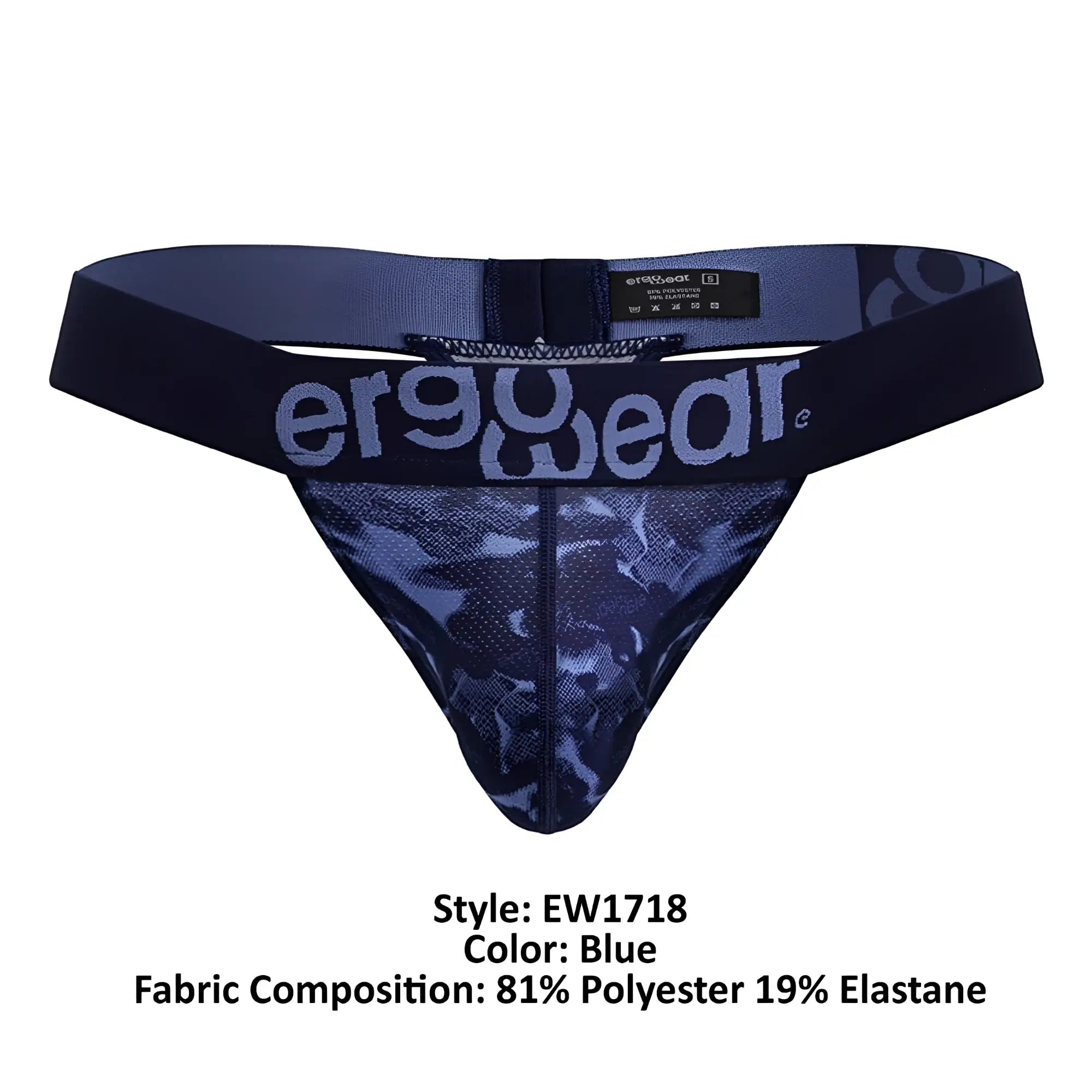 Blue ergowear ew1718 max se camo g-string with dark blue camouflage mesh and elastic waistband shown from the back