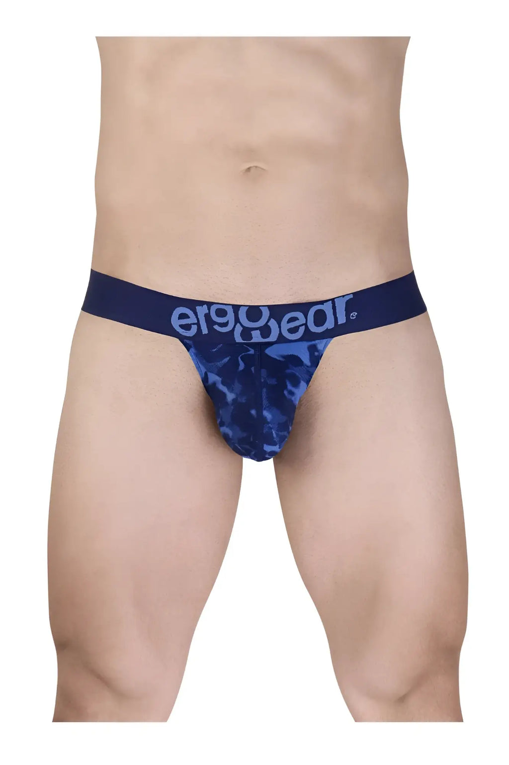 Navy blue camouflage men’s briefs with matching ergowear logo waistband ergonomic g-string style