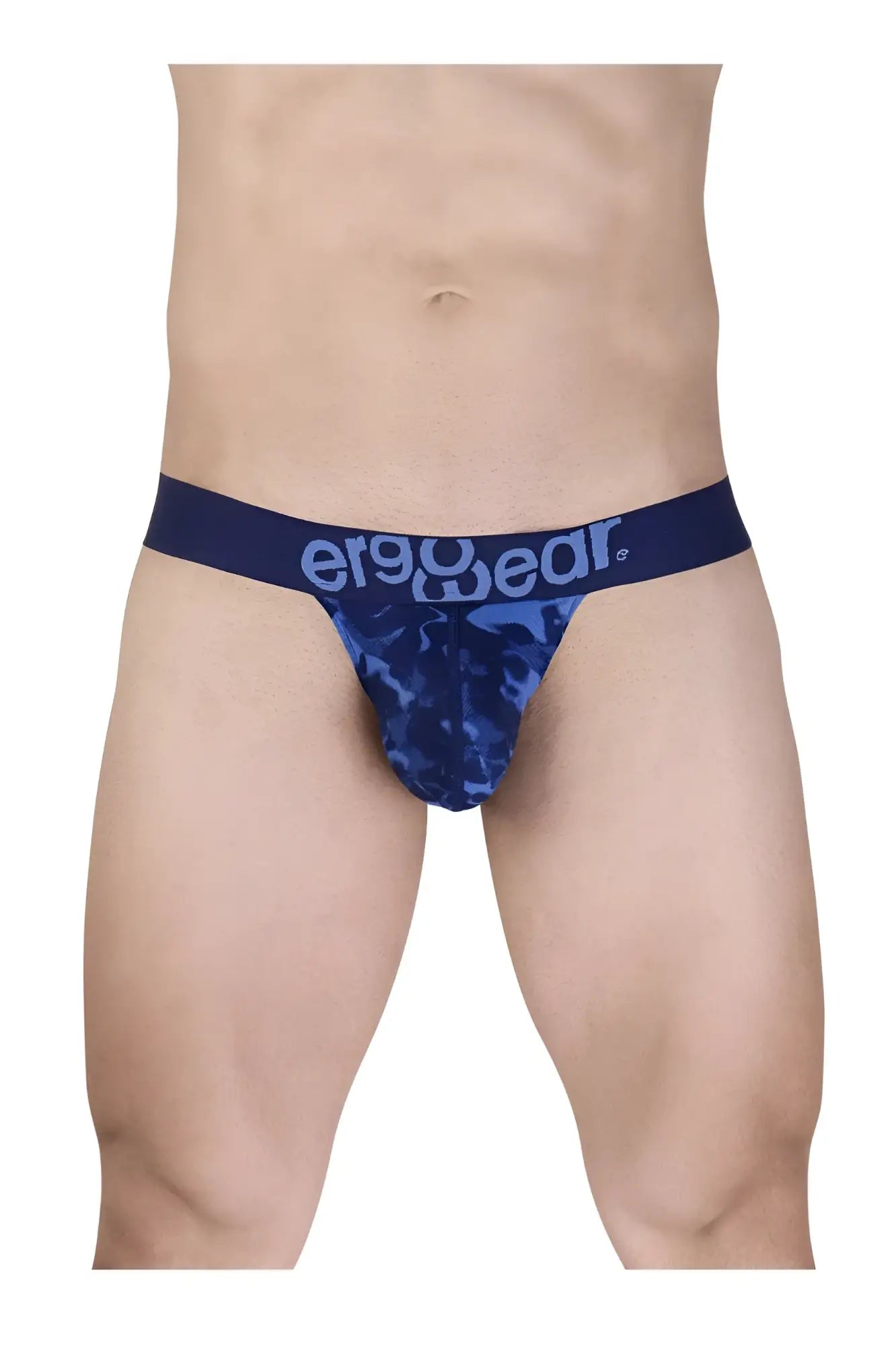 Navy blue camouflage men’s briefs with matching ergowear logo waistband ergonomic g-string style