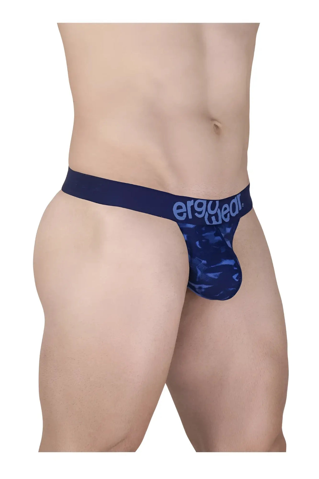 Navy blue camouflage pattern ergo wear thong with branded waistband showing front side for comfortable support