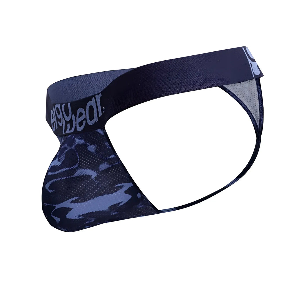 Navy blue and light blue camouflage patterned men’s briefs with a stretchy elastic waistband and eggy wear logo