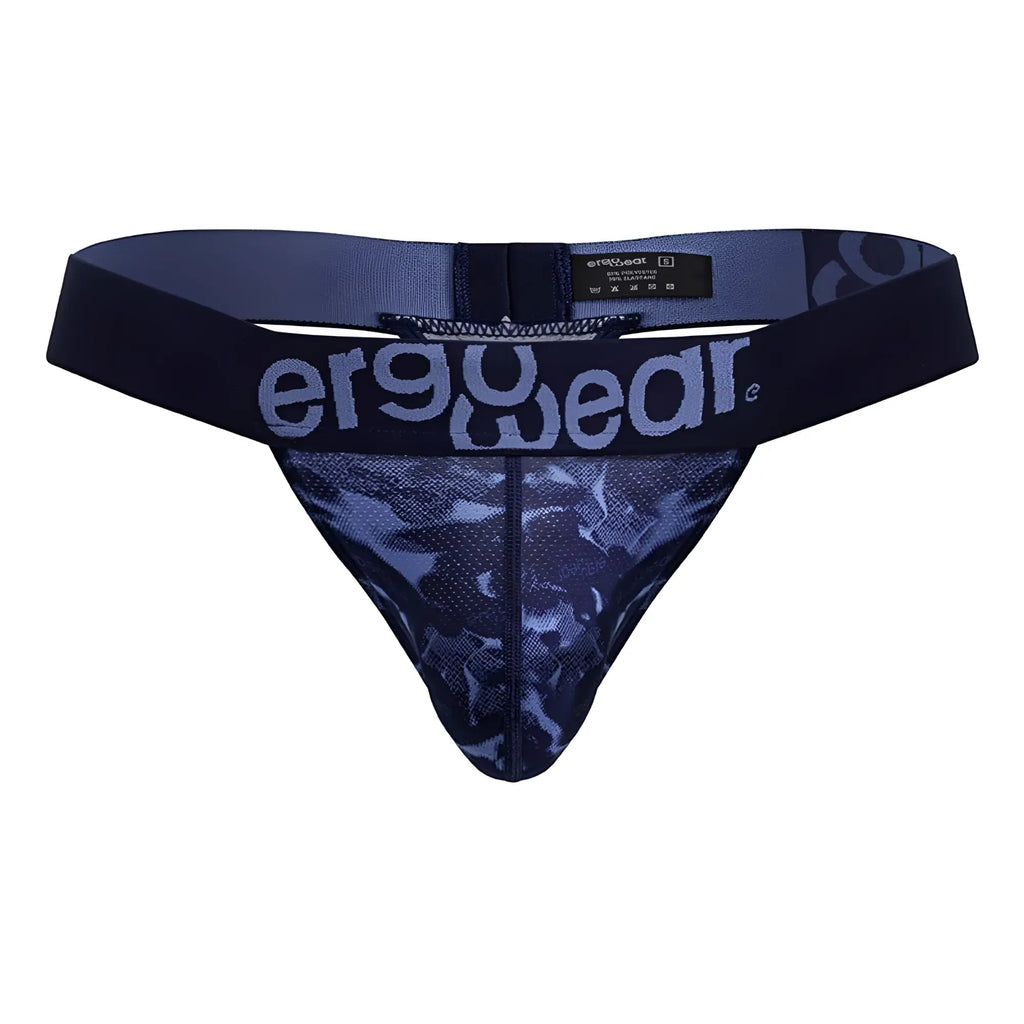 Navy blue mesh thong with subtle camouflage pattern and ergowear logo on waistband ergonomic g-string design