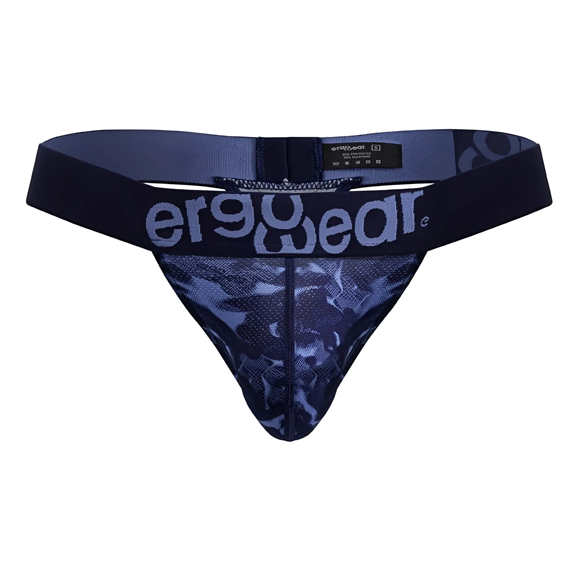 Navy blue mesh thong with subtle camouflage pattern and ergowear logo on waistband ergonomic g-string design