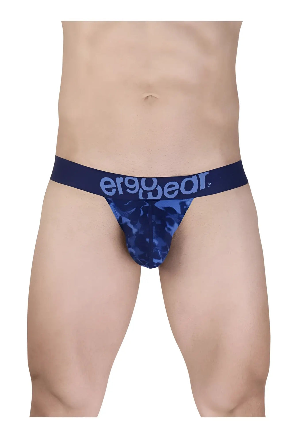 Blue camouflage patterned men’s briefs with navy ergo wear waistband designed for comfort and support