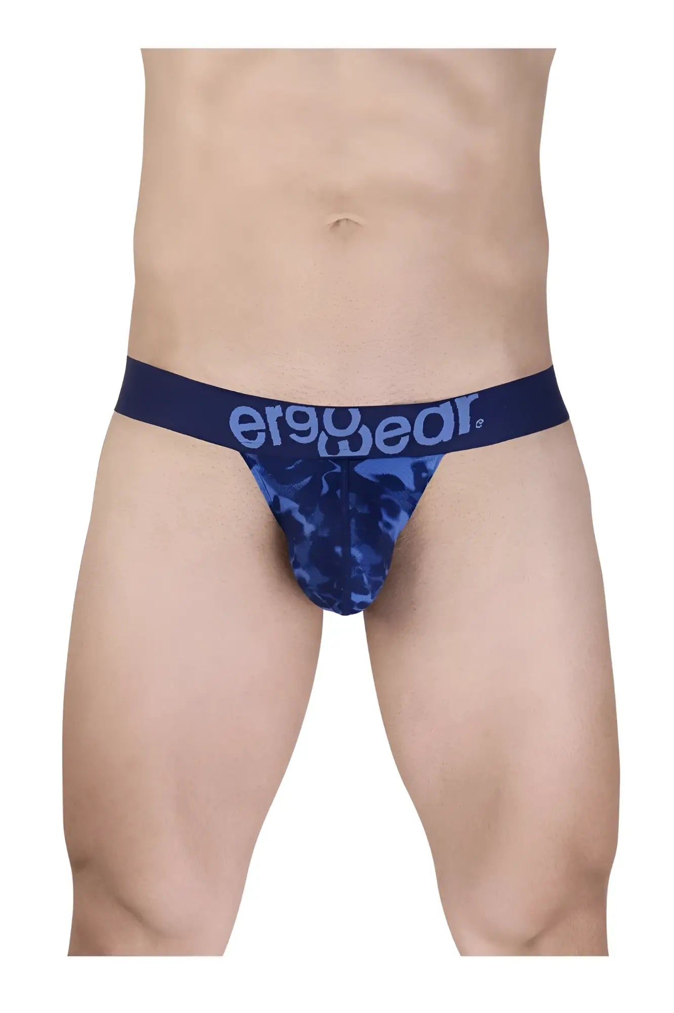 Blue camouflage patterned men’s briefs with navy ergo wear waistband designed for comfort and support