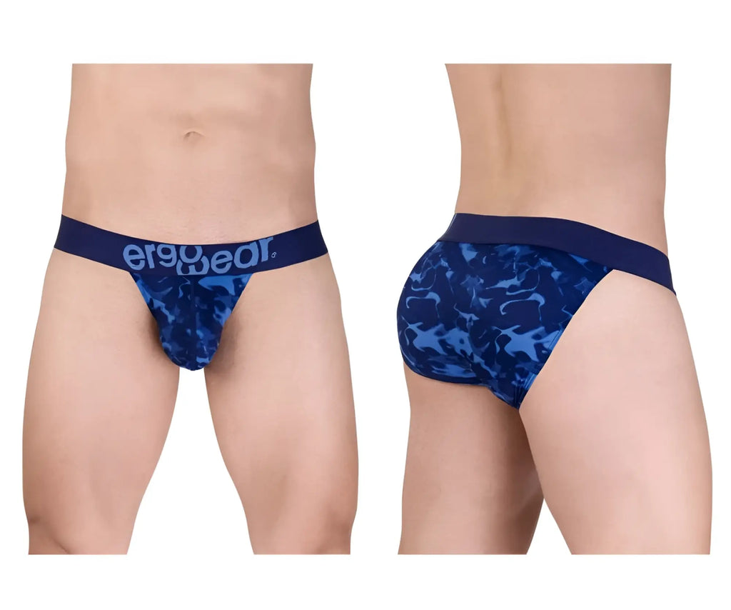 Blue camouflage patterned men’s briefs with navy ergowear waistband from ergowear ew1719 max se camo bikini collection