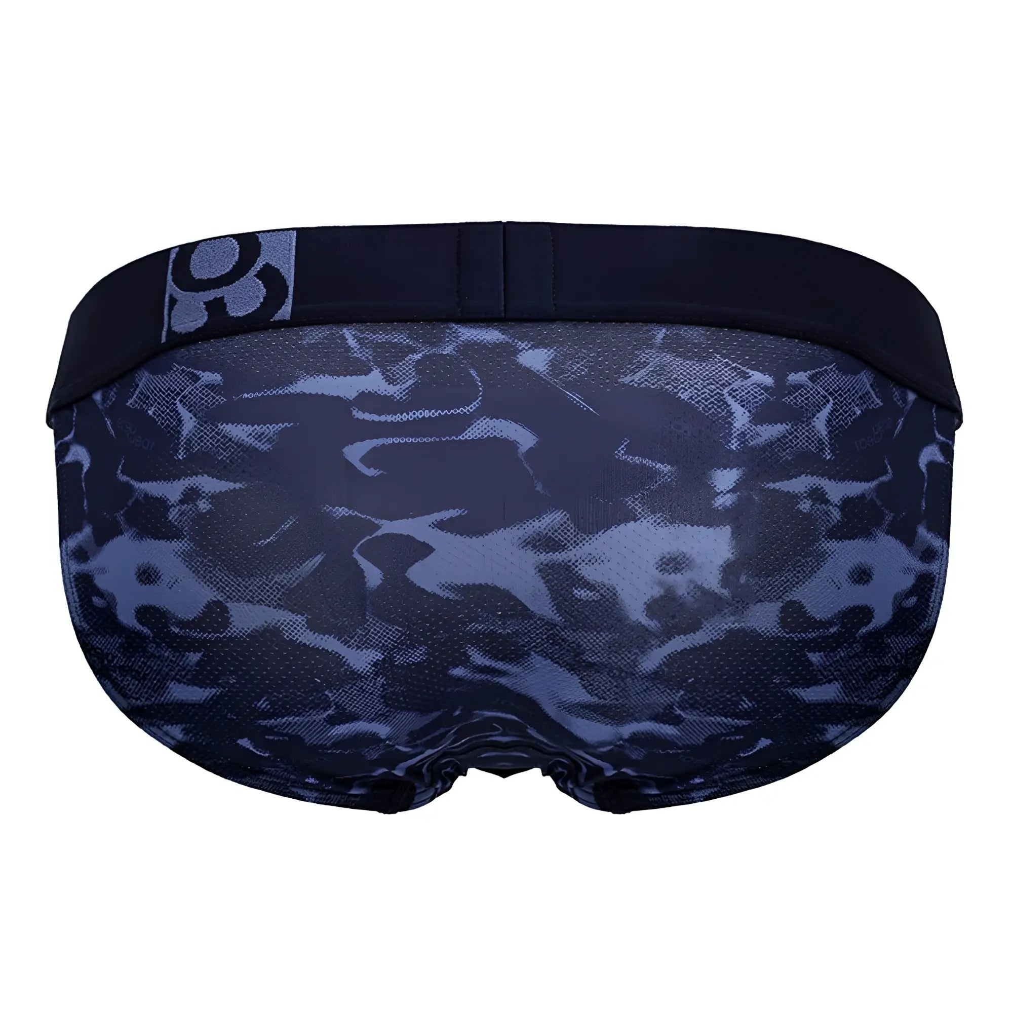 Dark blue camouflage patterned men’s briefs with black elastic waistband and logo patch ergo wear ew1719 max se camo bikini
