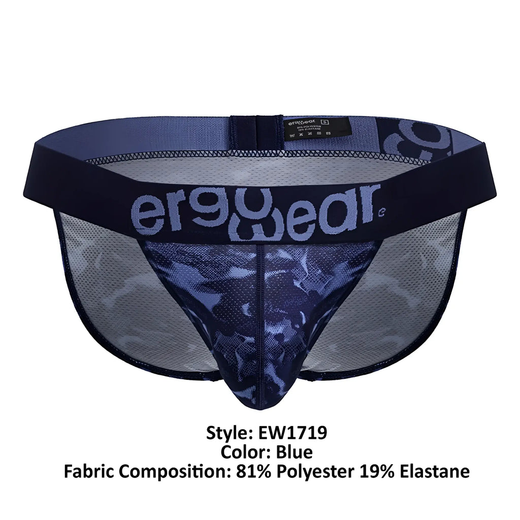 Blue ergonomic mesh briefs with camouflage pattern and black trim from Ergowear EW1719 MAX SE CAMO bikini collection