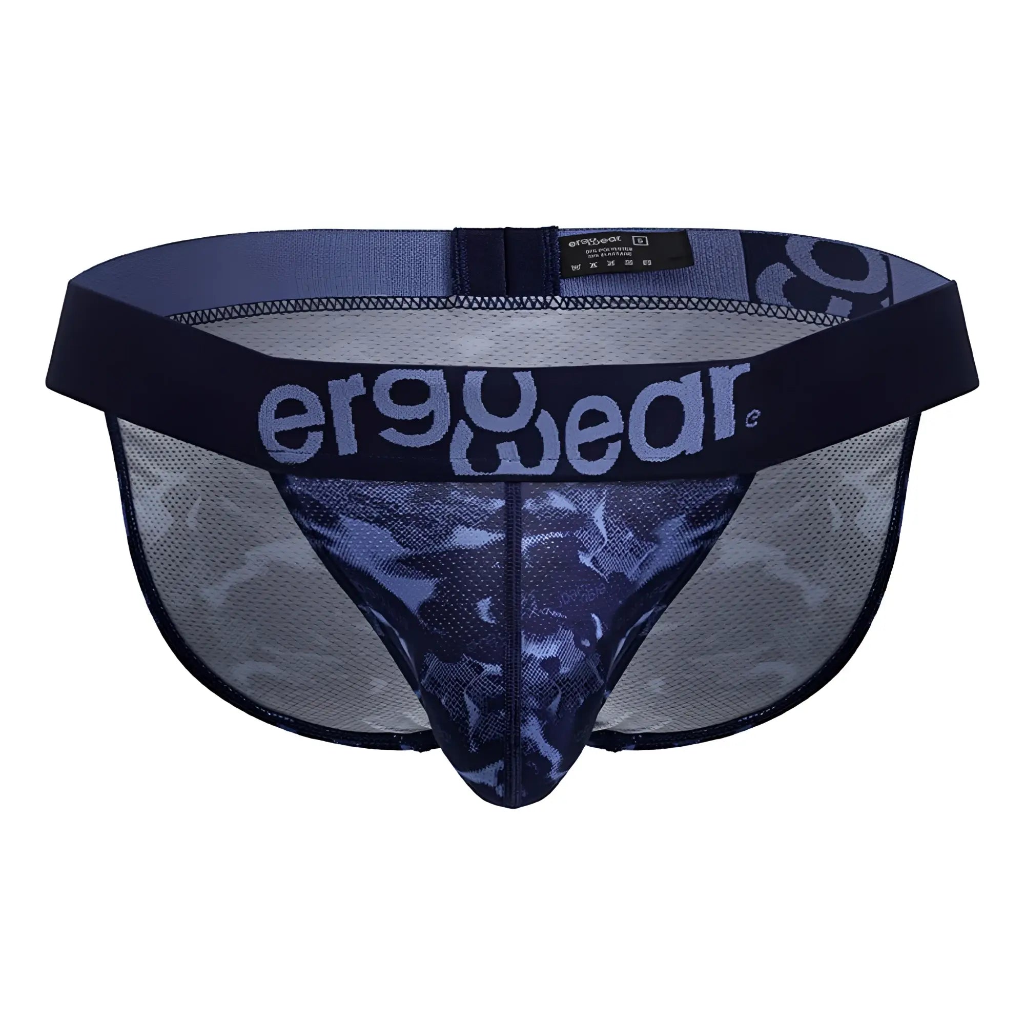 Navy blue and gray camouflage ergonomic briefs with mesh design and ergo wear branded waistband in bikini style
