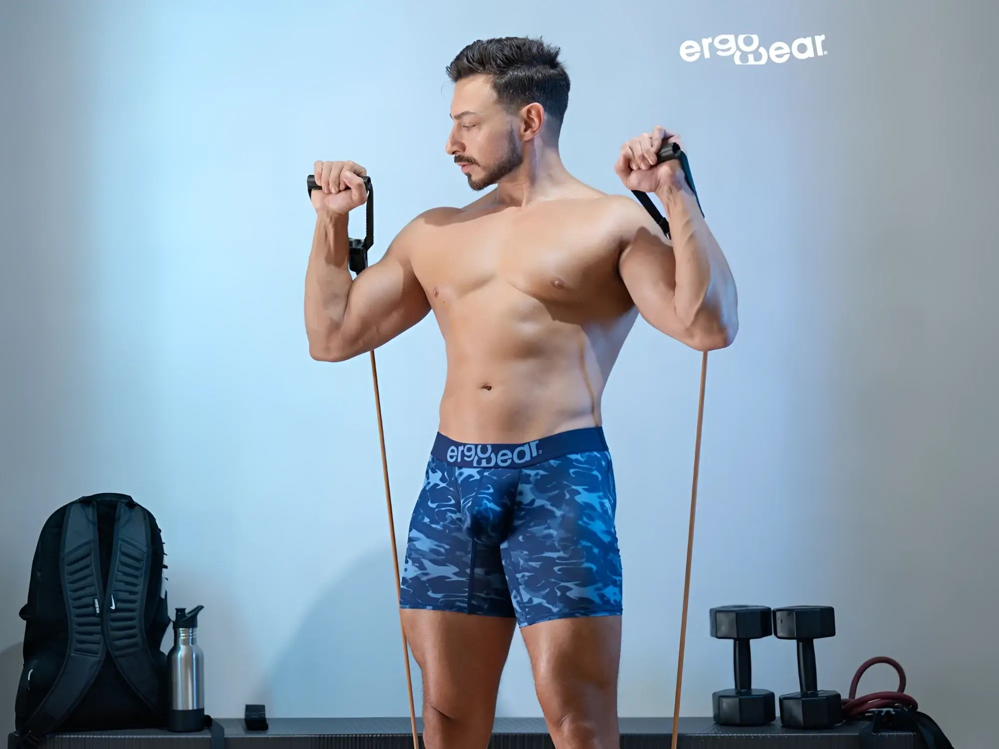 Ergo wear ew1721 max se camo boxer briefs in blue feature a blue camouflage pattern and ergonomic fit for comfort