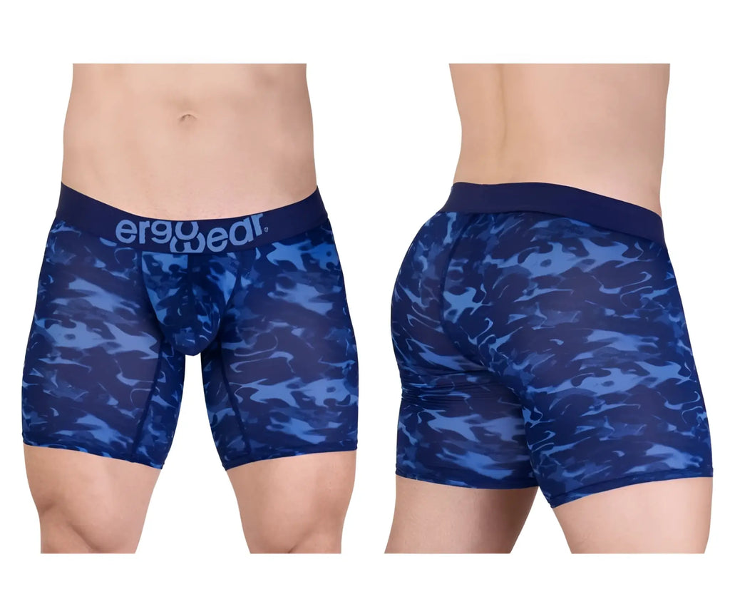 Blue camouflage men’s boxer briefs with dark blue ergo wear waistband designed for comfortable support