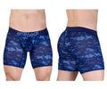 Blue camouflage men’s boxer briefs with dark blue ergo wear waistband designed for comfortable support