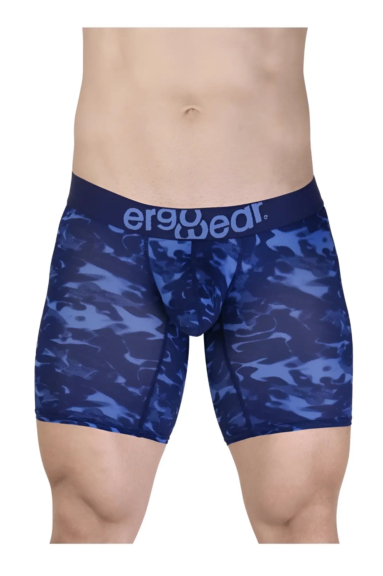 Blue camouflage-patterned men’s boxer briefs with a dark blue ergowear waistband model ew1721 max se camo
