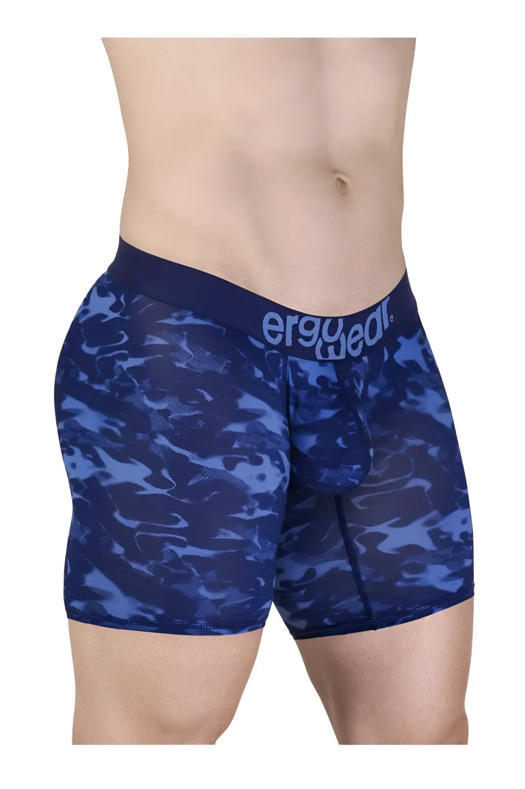 Blue camouflage patterned ergoWear ew1721 max se men’s boxer briefs with dark blue waistband and ergowear logo
