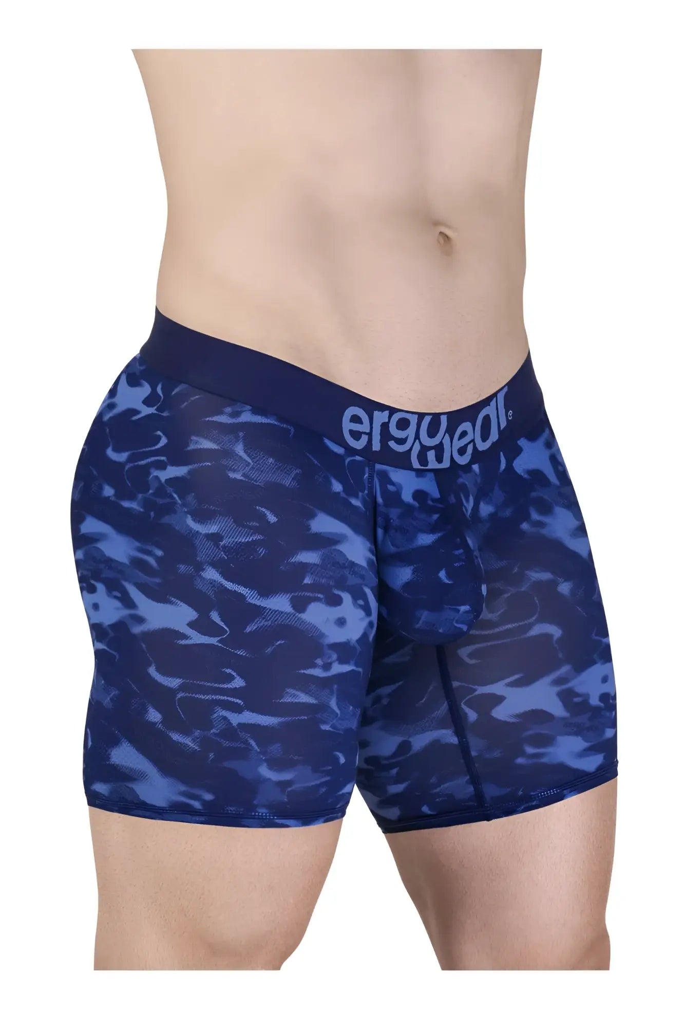Blue camouflage patterned ergoWear ew1721 max se men’s boxer briefs with dark blue waistband and ergowear logo