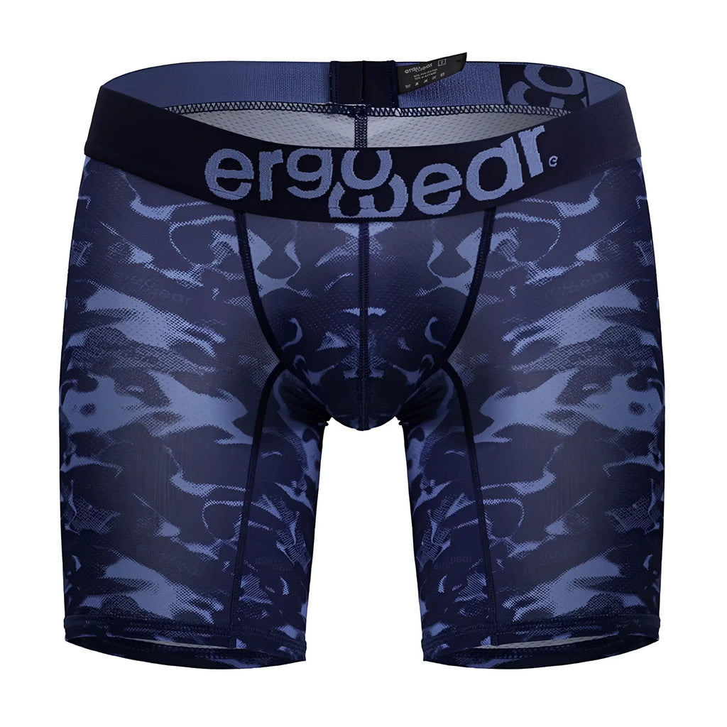 Dark blue ergoWear ew1721 max se camo boxer briefs with ergonomic fit and subtle camouflage pattern on waistband front
