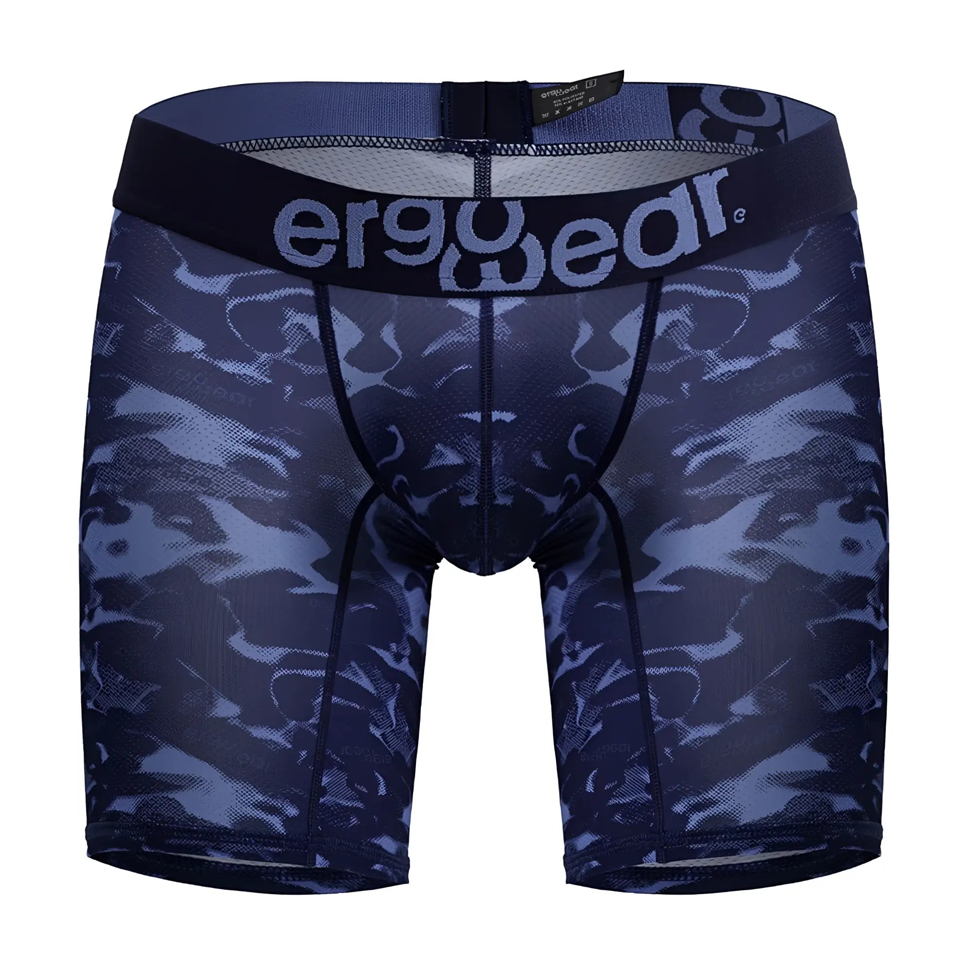 Dark blue ergoWear ew1721 max se camo boxer briefs with ergonomic fit and subtle camouflage pattern on waistband front