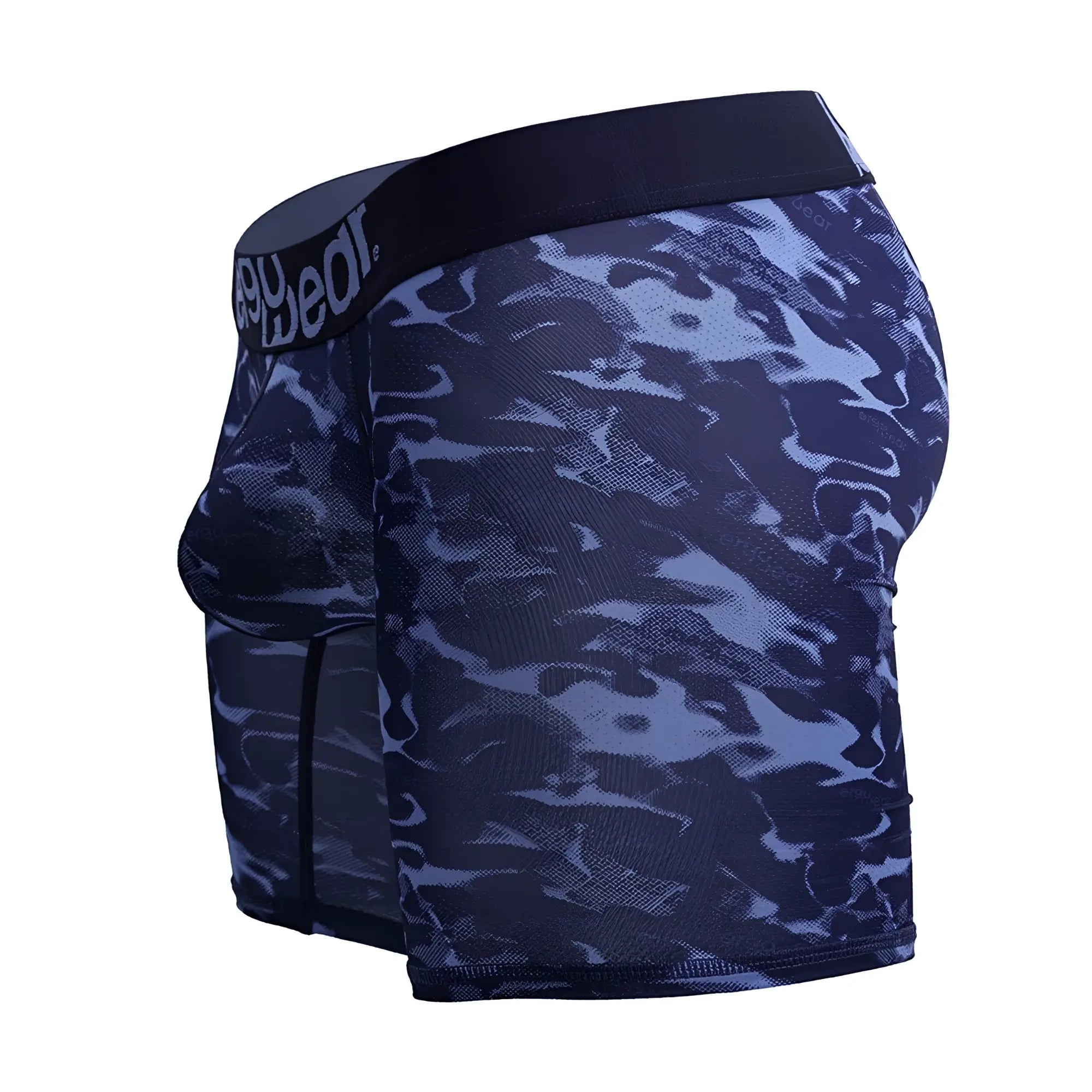 Dark blue and light blue camouflage ergoWear EW1721 MAX SE camo boxer briefs with black waistband and sexybear logo