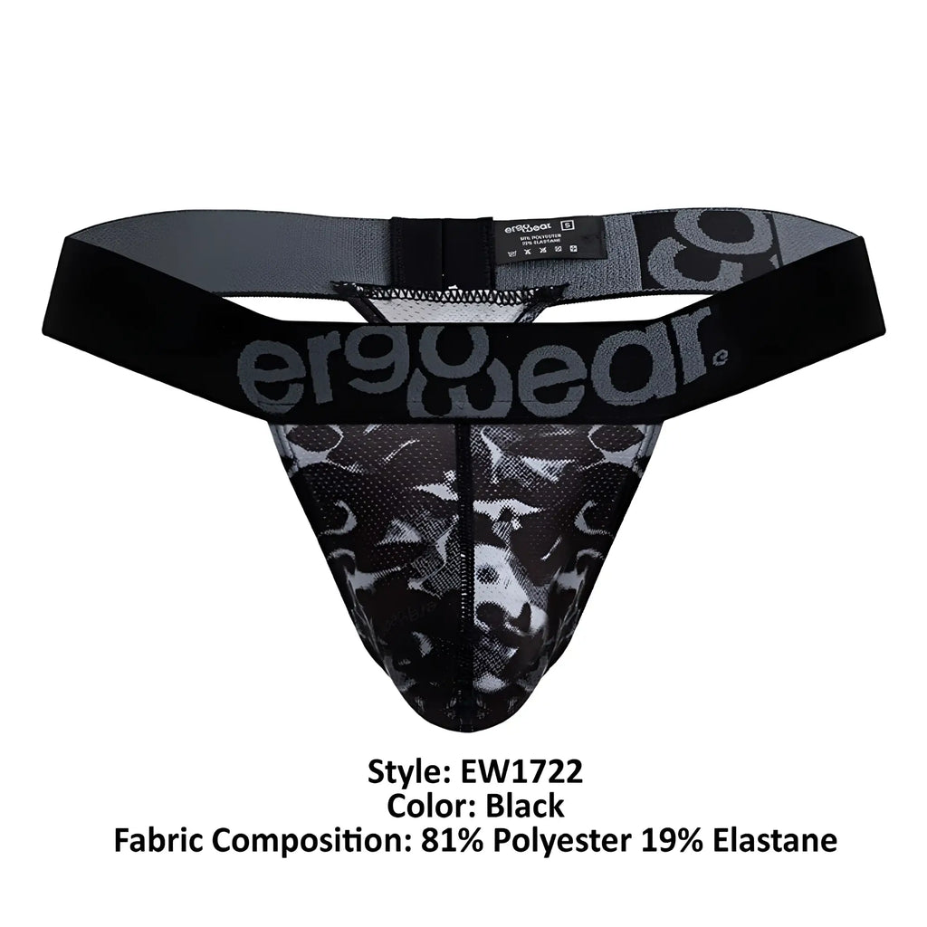 Black ergonomic brief with black and gray camouflage pattern and ergowear logo on waistband front side