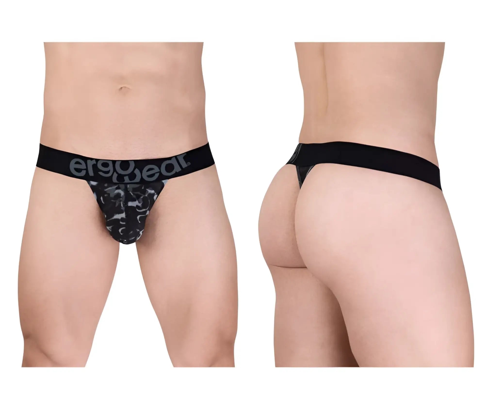 Black ergonomic briefs with subtle gray camouflage pattern and ergogear logo on waistband, model ew1722 max se camo g-string