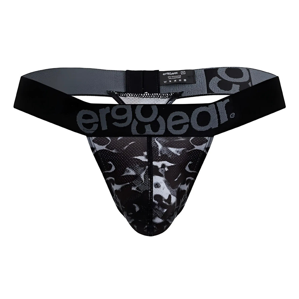 Ergowear ew1722 max se camo g-string black ergonomic briefs with black and gray camouflage pattern and branded waistband