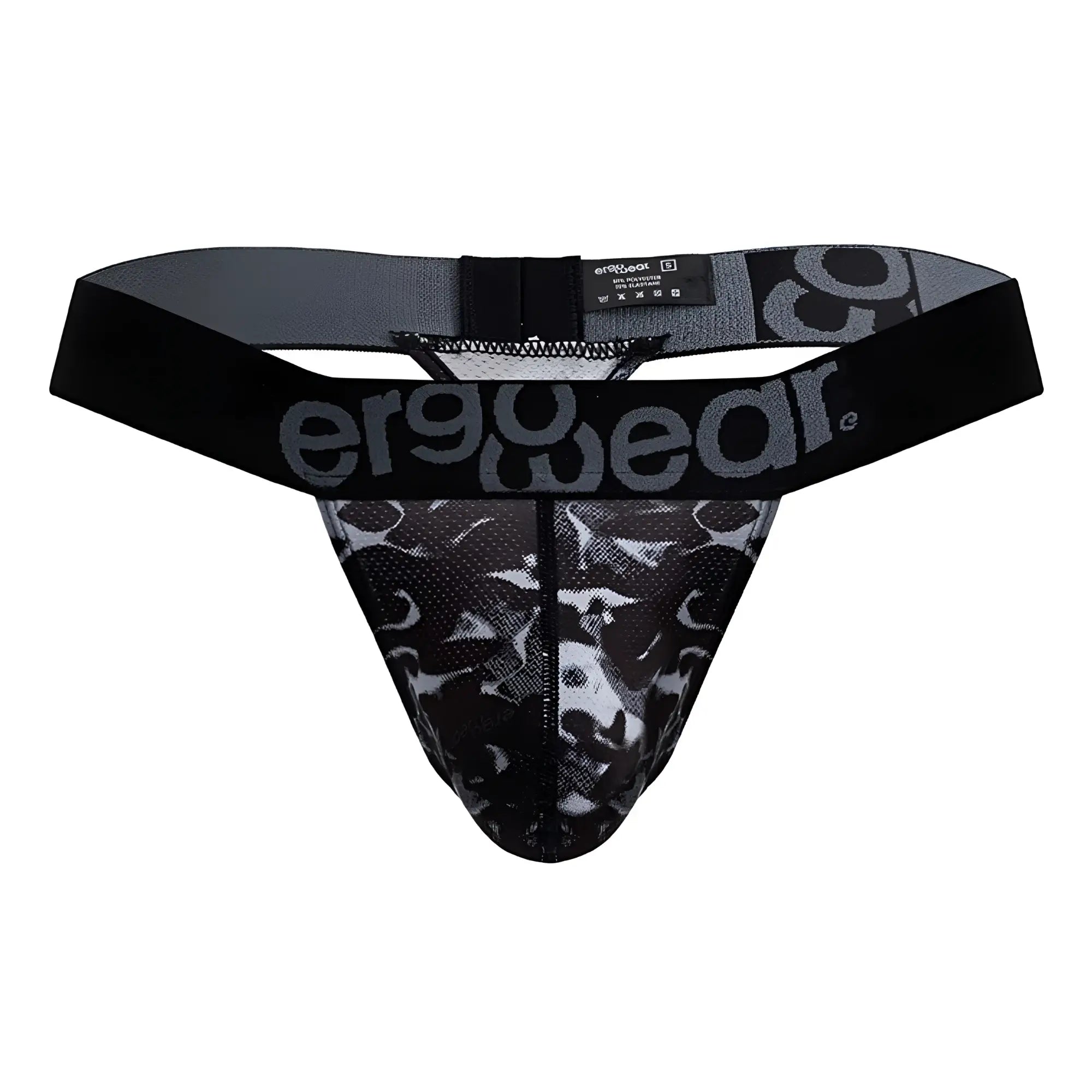Ergowear ew1722 max se camo g-string black ergonomic briefs with black and gray camouflage pattern and branded waistband