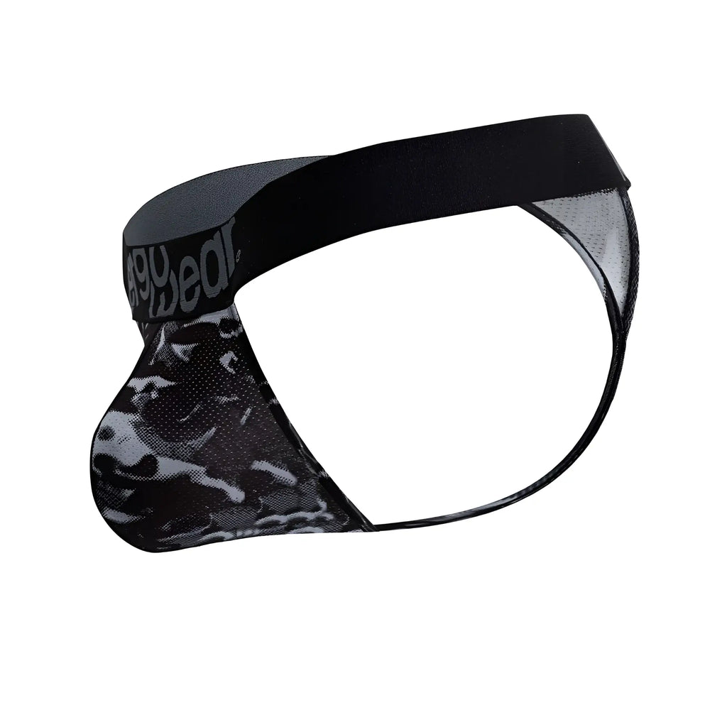 Ergowear EW1722 MAX SE camo black g-string mesh briefs with gray camouflage pattern and solid black waistband