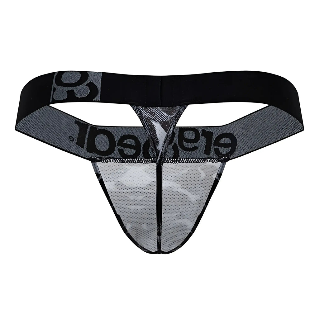 Black and gray mesh thong with bold erad logo on waistband from ergowear ew1722 max se camo g-string color black