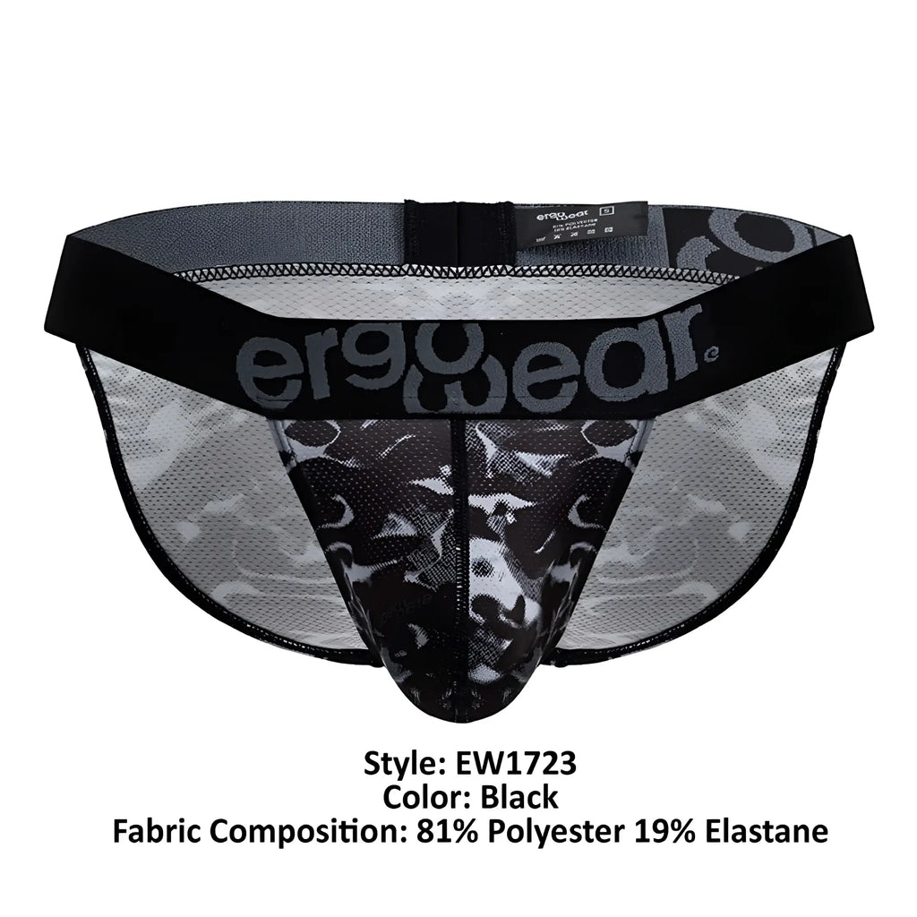 Black ergonomic briefs with camo pattern and mesh fabric featuring ergowear logo on waistband ergoWear ew1723 max se camo bikini