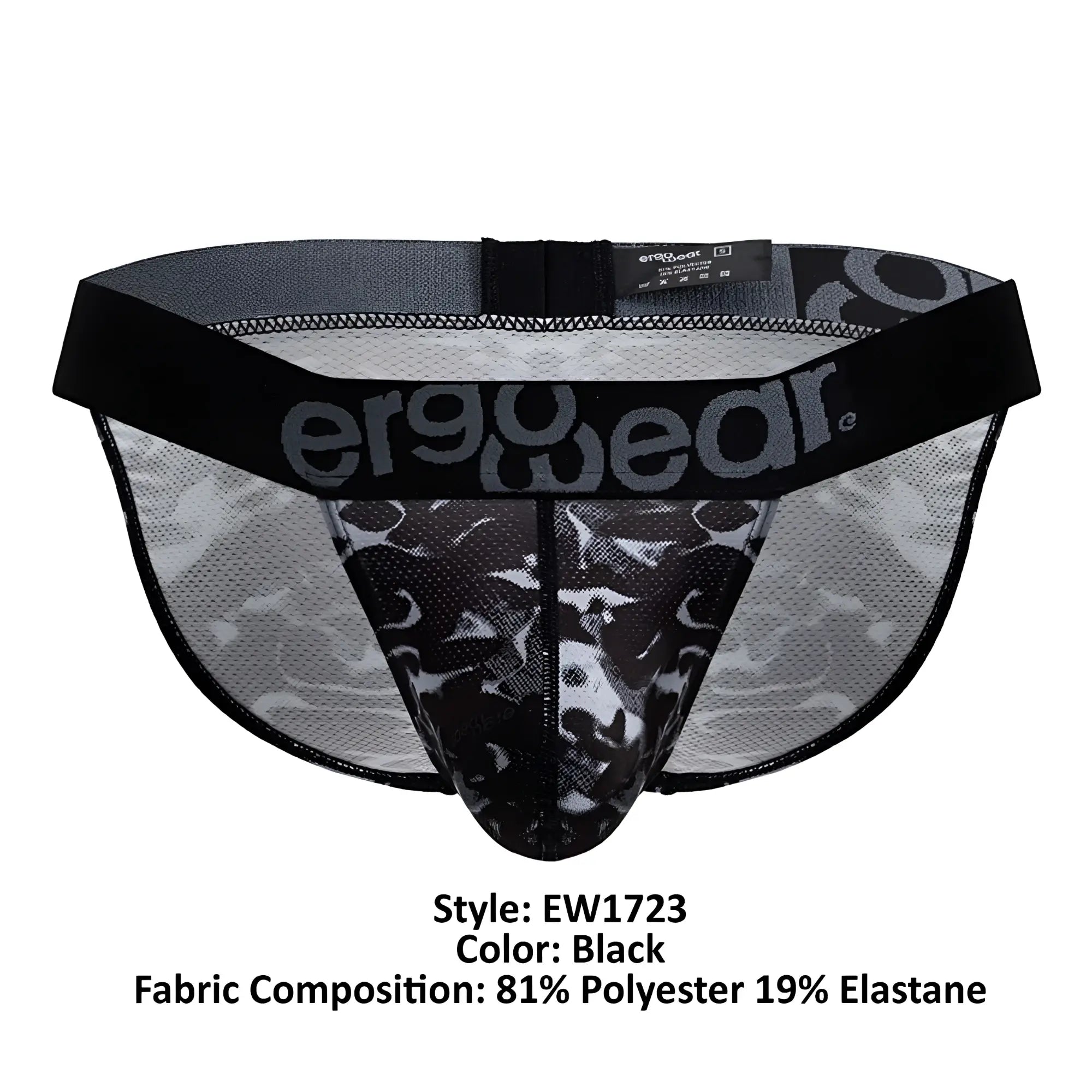 Black ergonomic briefs with camo pattern and mesh fabric featuring ergowear logo on waistband ergoWear ew1723 max se camo bikini