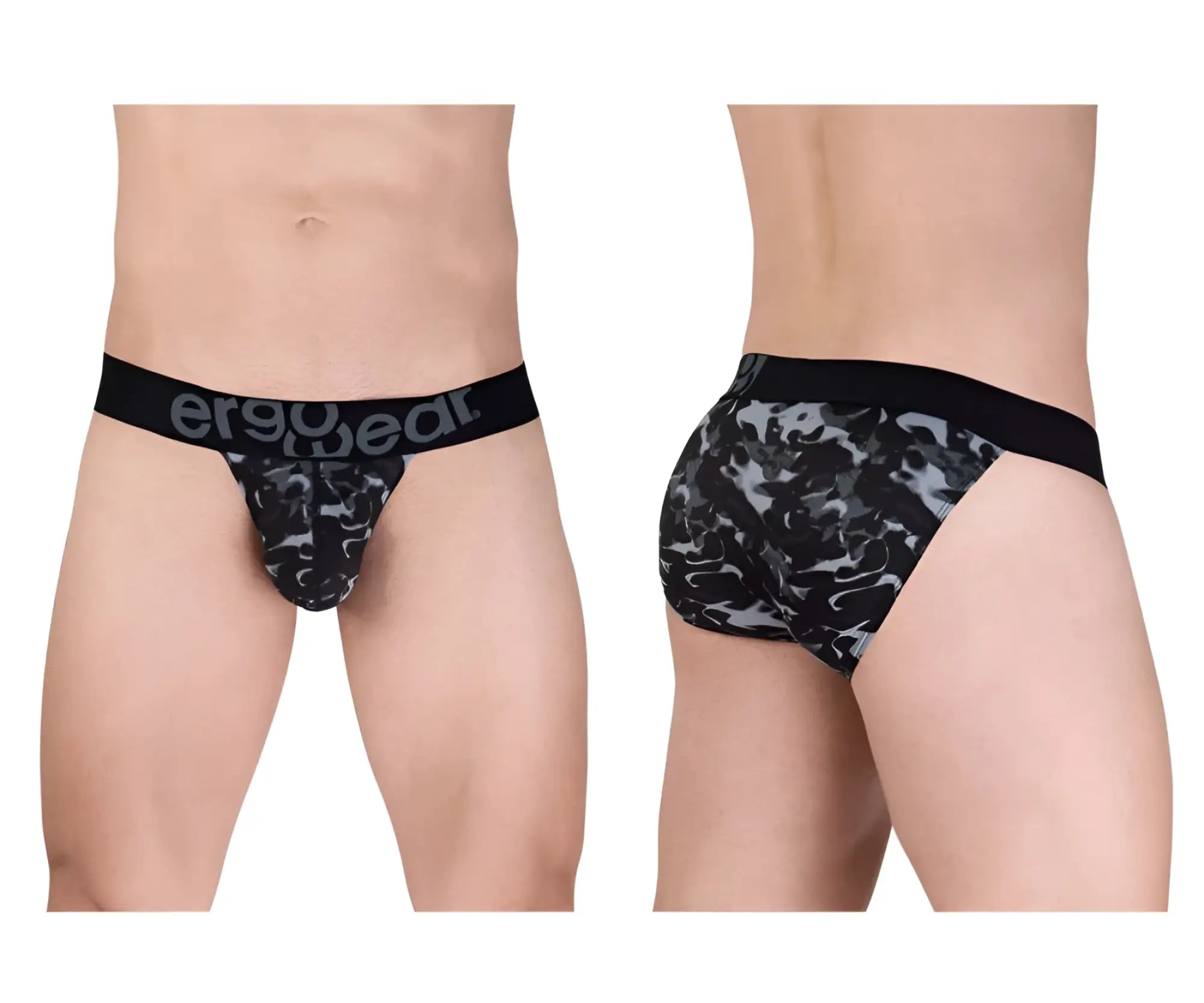 Black and gray camo patterned men’s briefs with black ergowear elastic waistband ErgoWear EW1723 MAX SE Bikini black