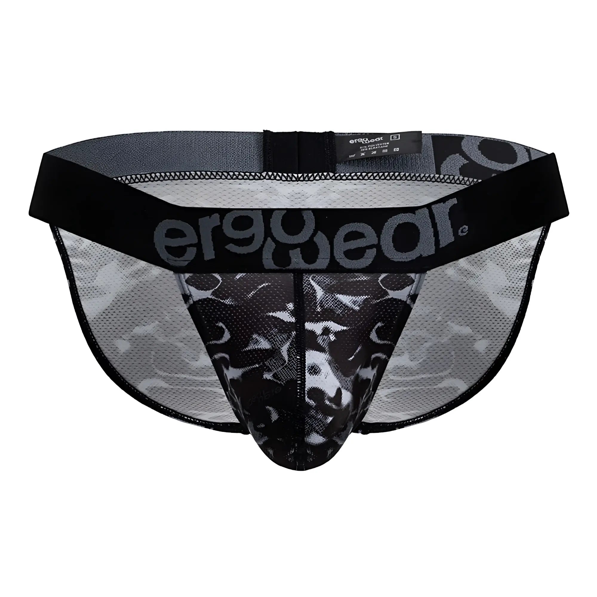 ErgoWear ew1723 max se camo bikini briefs in black with gray camouflage mesh and a black elastic waistband