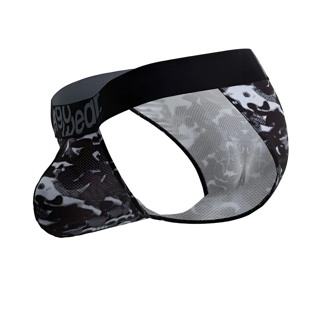 ErgoWear ew1723 max se camo bikini briefs in black with black elastic waistband and black gray camouflage mesh
