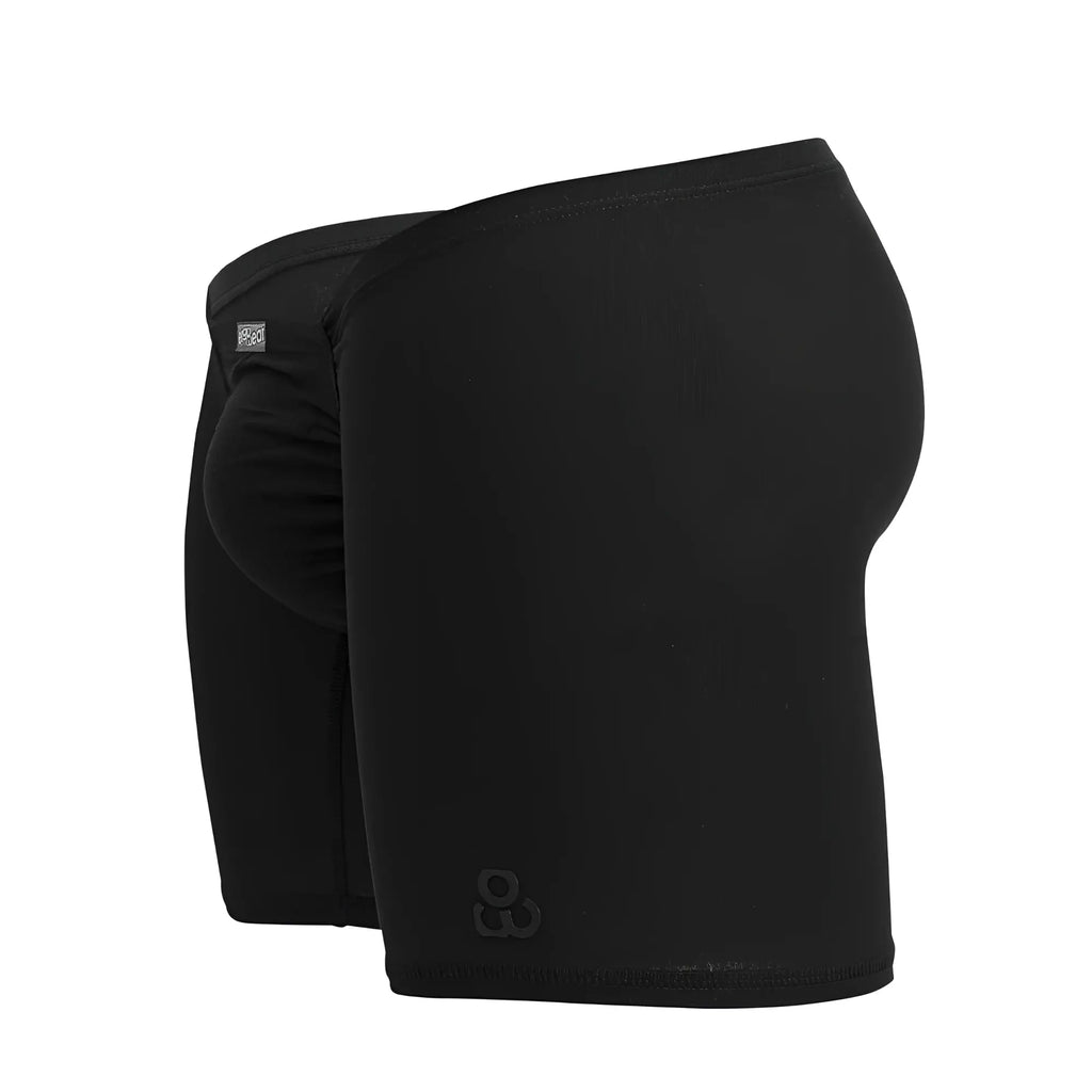 Black men’s cotton boxer briefs by ergowear with contoured design and subtle brand logo on the leg in black