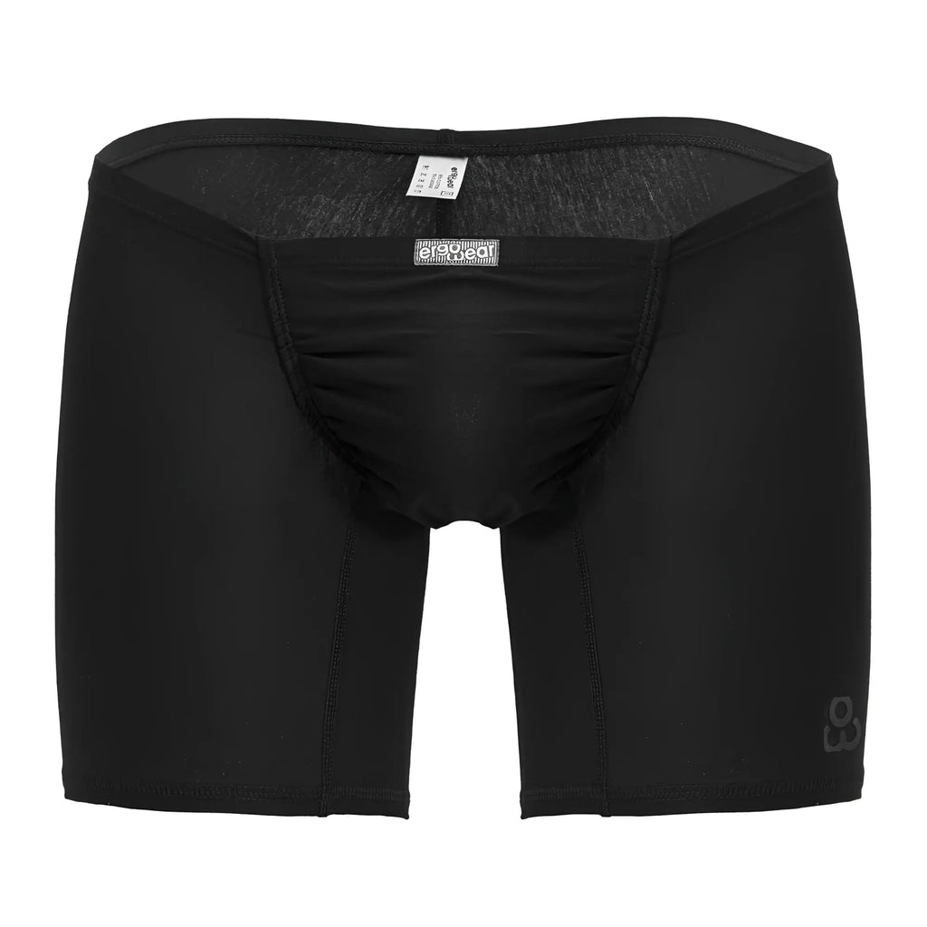 Black men’s snug fit boxer briefs in cotton with circulair brand label and subtle gray logo on leg black color
