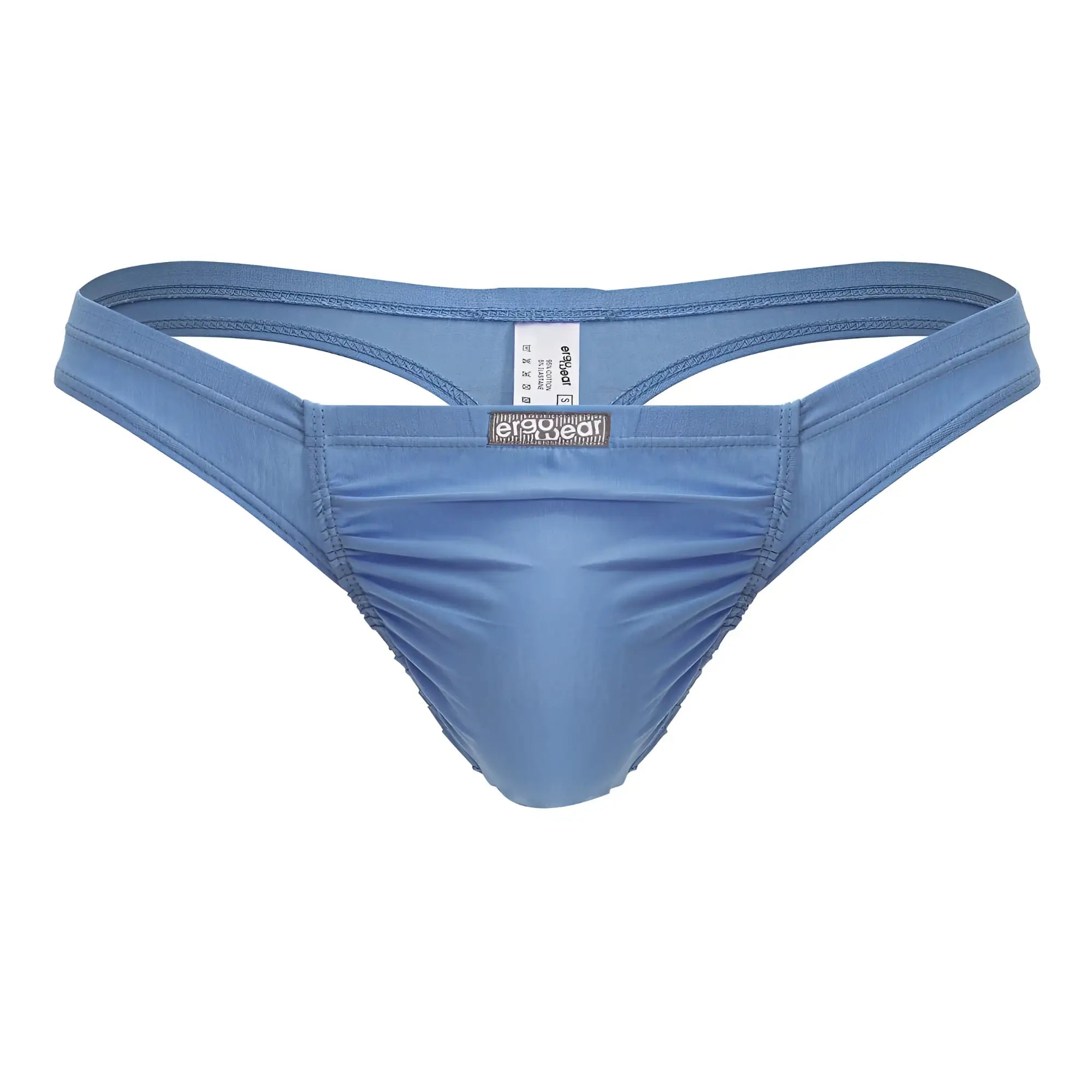 Light blue stretchy cotton thong with central ruched design and thin straps from ErgoWear EW1730 FEEL GR8 collection