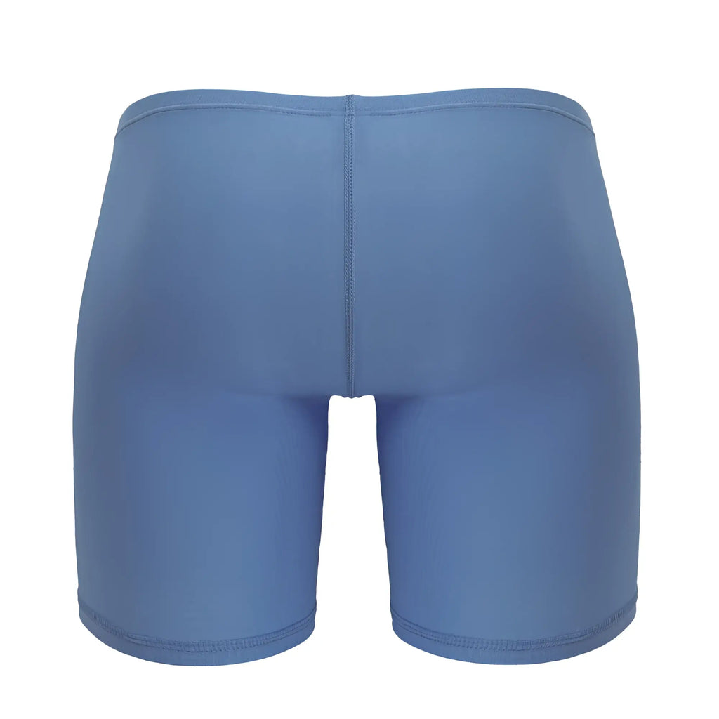 Blue athletic shorts showing the back side with a central seam made of smooth stretchy fabric by ergowear