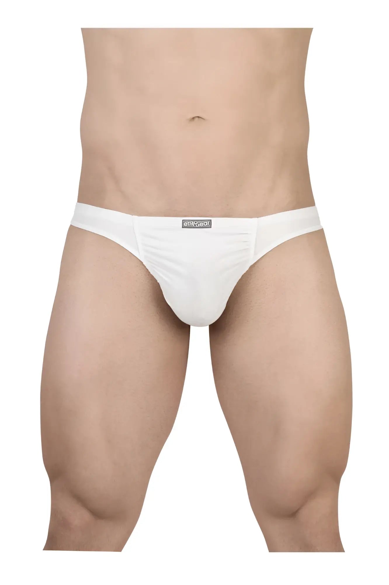 White mens cotton thong briefs with smooth form fitting design and subtle brand tag at waistband ergowear ew1734 feel gr8
