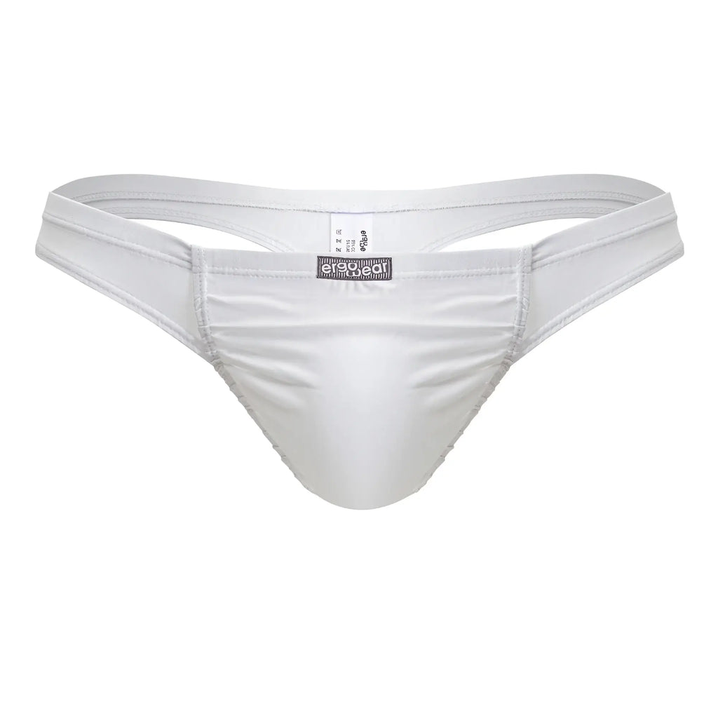 White men’s thong with smooth satin-like finish cotton material and branded label at the center by ergowear