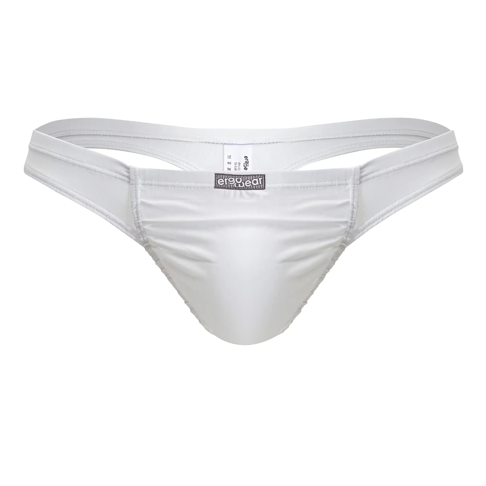 White men’s thong with smooth satin-like finish cotton material and branded label at the center by ergowear