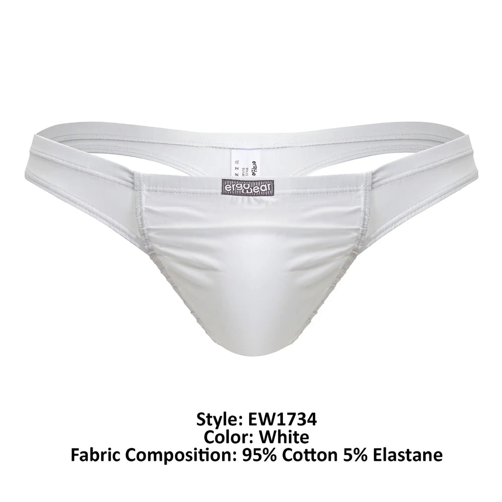 White ergo wear ew1734 feel gr8 cotton thong for men with satin finish and subtle seam detail along the leg openings