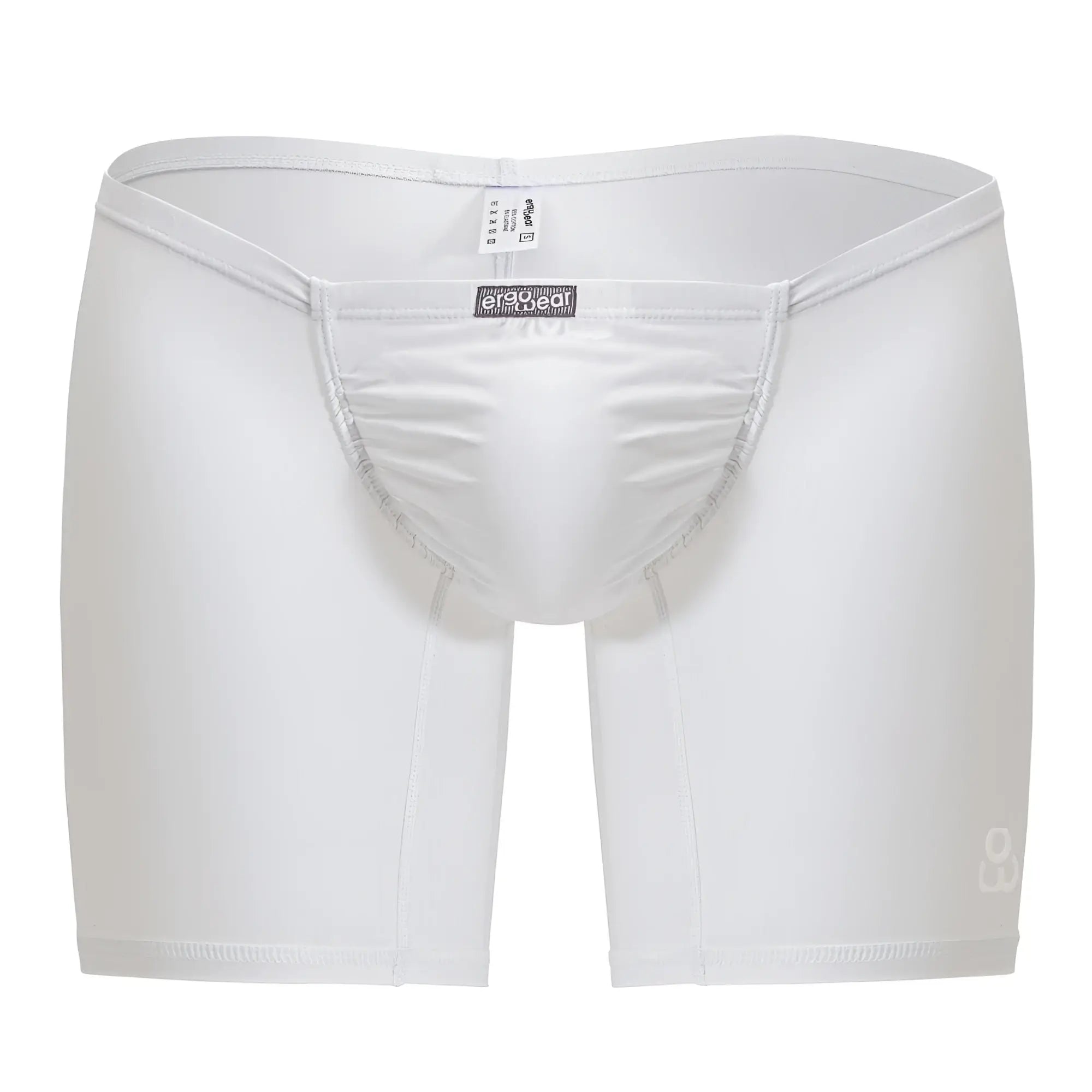 White ergonomic cotton boxer briefs with seamless form-fitting design and subtle gray stitching details by ergowear