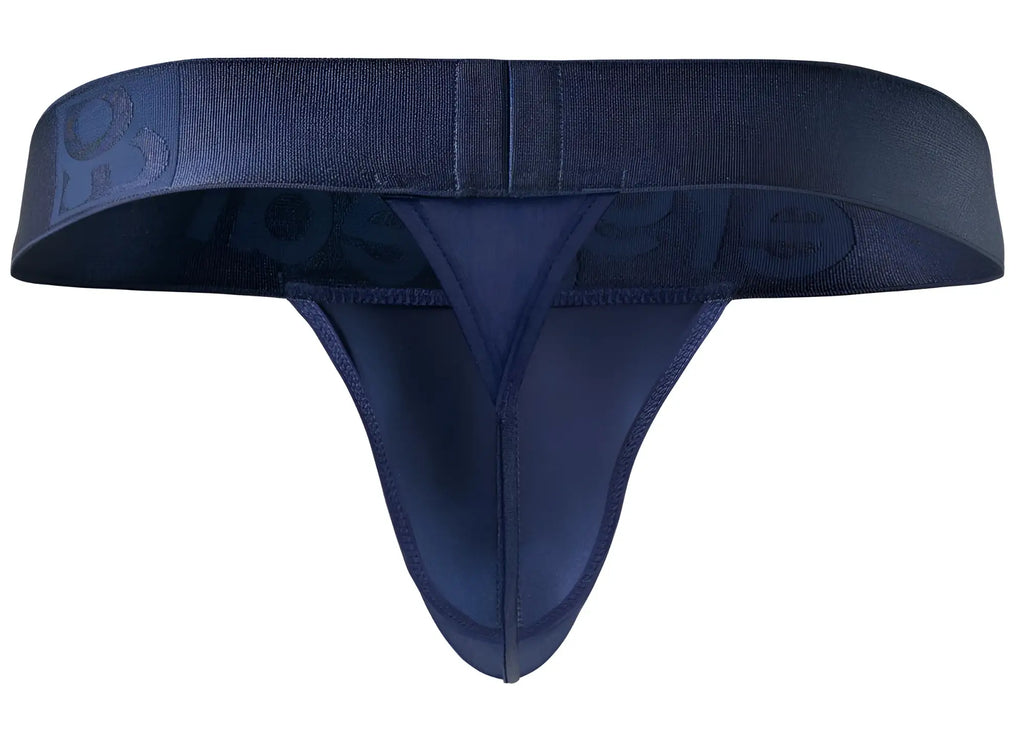 Navy blue ergoWear ew1738 max bold g-string thong made of smooth stretchy fabric with subtle logo on waistband back view
