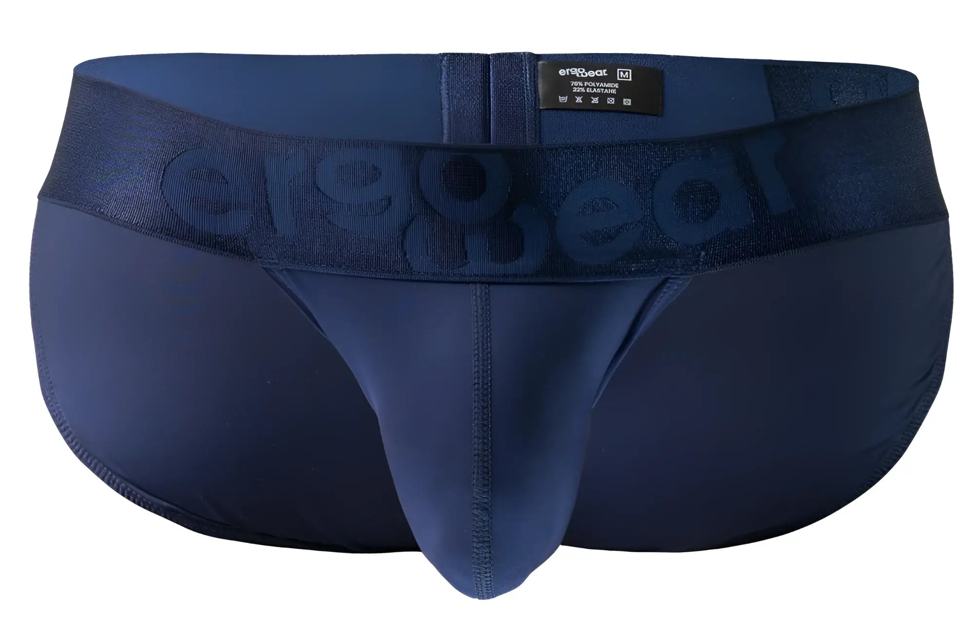 Navy blue ergonomic briefs with embossed brand logo on waistband from ErgoWear EW1739 MAX BOLD bikini collection