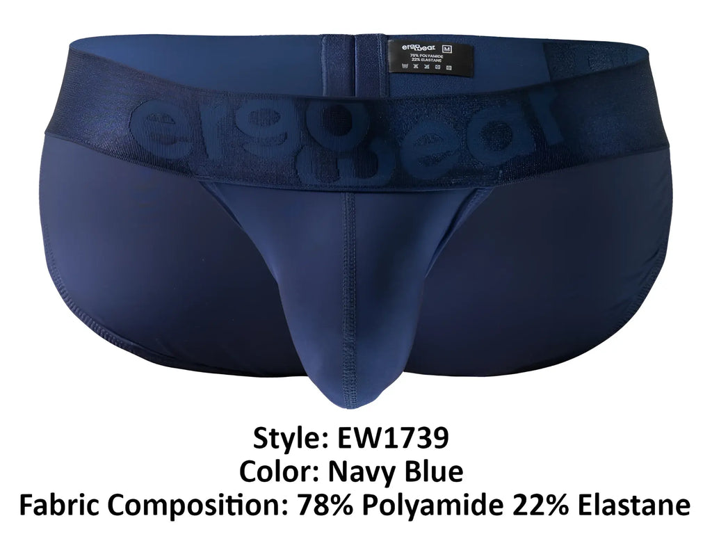 Navy blue men’s briefs ergo wear ew1739 max bold bikini with textured waistband embossed with er1983 brand name