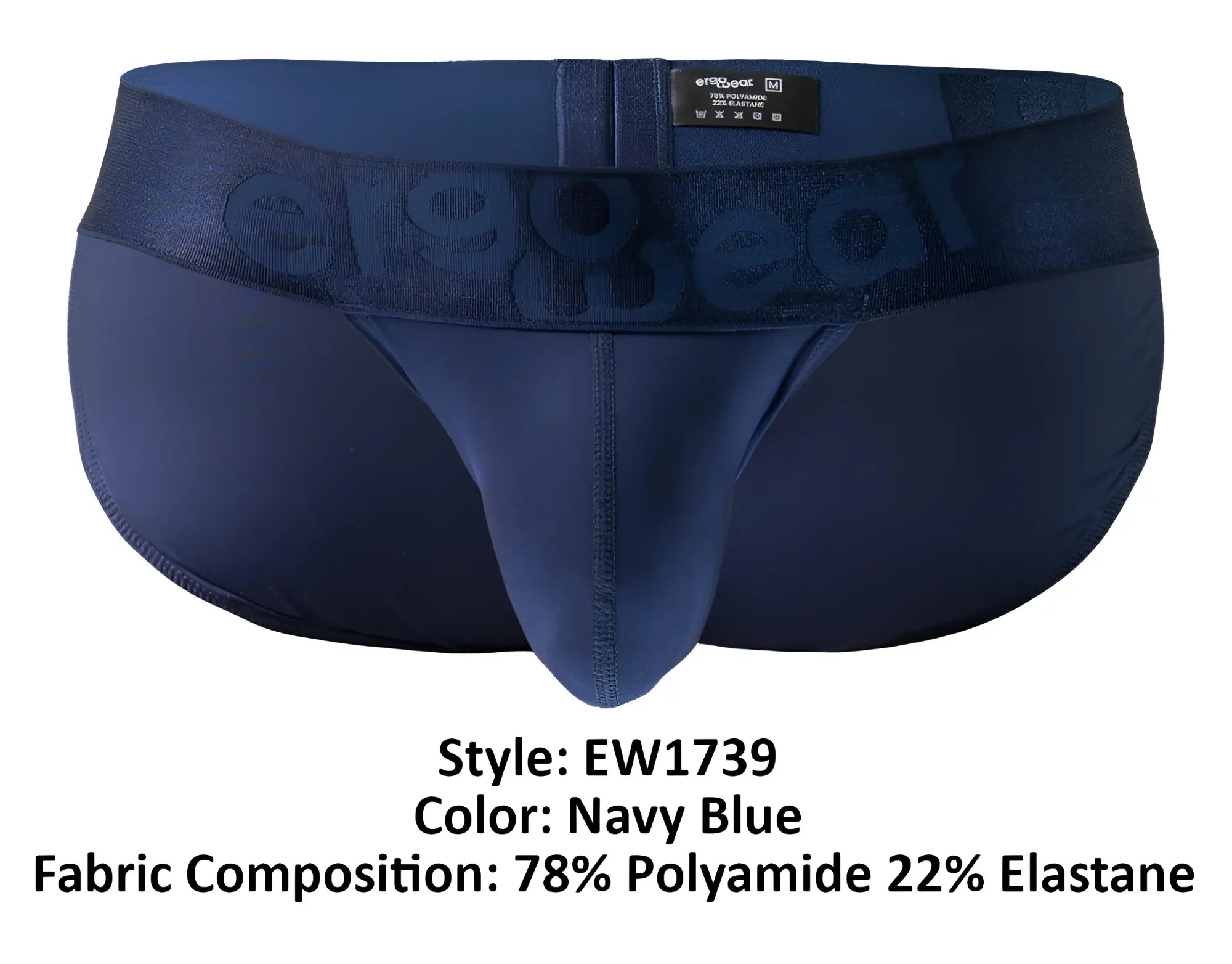 Navy blue men’s briefs ergo wear ew1739 max bold bikini with textured waistband embossed with er1983 brand name