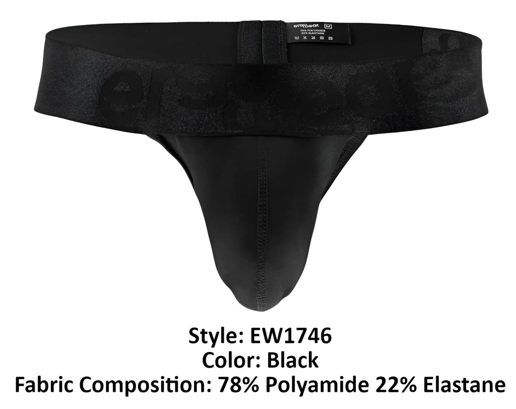 Black mens thong ergo wear ew1746 max bold g-string in black with textured waistband and reinforced leg stitching
