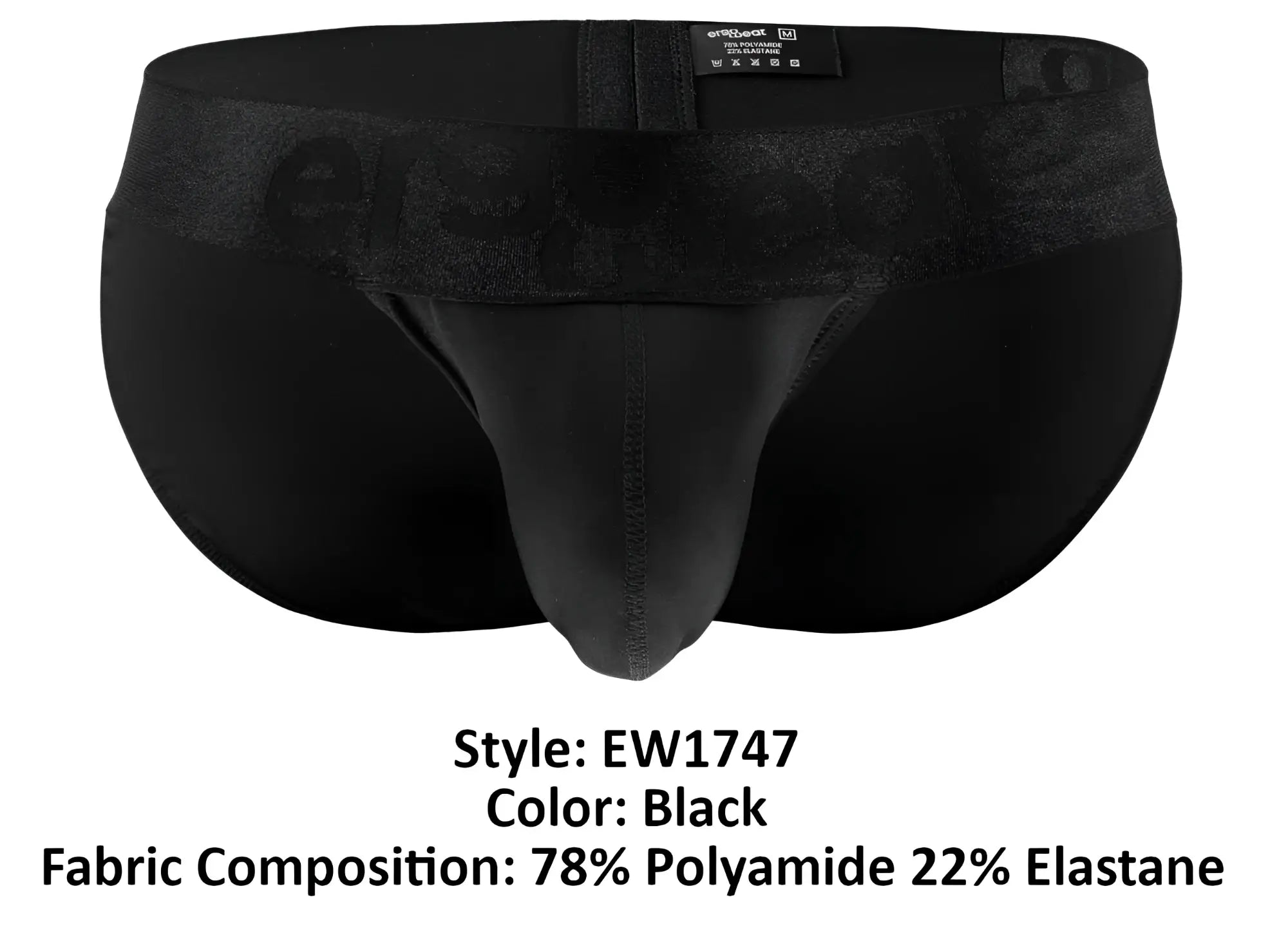 Black mens briefs ergo wear ew1747 max bold bikini in black with a textured waistband featuring erspace branding
